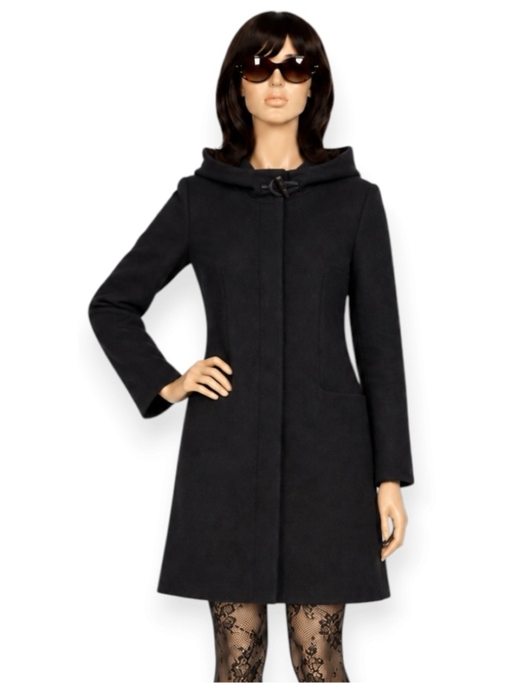 Babaton Pearce Wool Cashmere Hooded Coat Black XS Long Minimalist Winter Coat